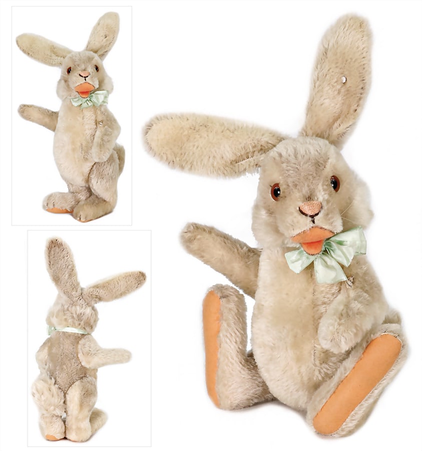 STEIFF hare, Nicky, with button, and rests of the  US-zone-cloth tag label, 5-fold jointed, produced (1 of 1)