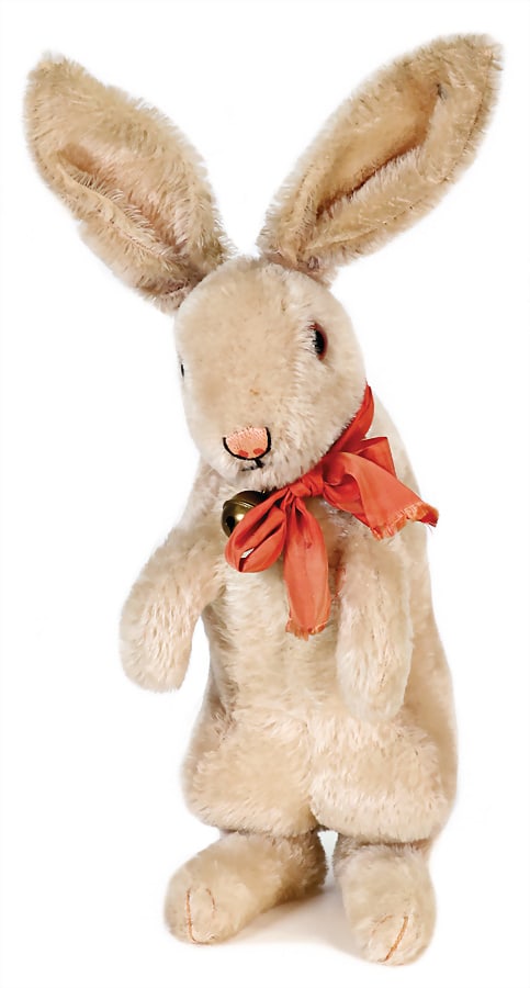 STEIFF hare, attending, produced 1929, originally purple mohair, with button, block letters, long (1 of 4)