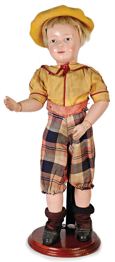 SCHÖNHUT doll, boy, 43 cm, wood, blue painted eyes, closed mouth, wood jointed body, old mohair (1 of 3)