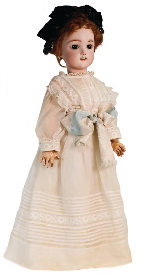 EDEN Bébé, Paris, No. 11 deposé, dark-brown, fix inset, almond-shaped glass eyes,: EDEN Bébé, Paris, No. 11 deposé, dark-brown, fix inset, almond-shaped glass eyes, opened mouth, line of upper teeth, pierced ears, a small chip at left earlobes, jointed body, 60 cm, wi