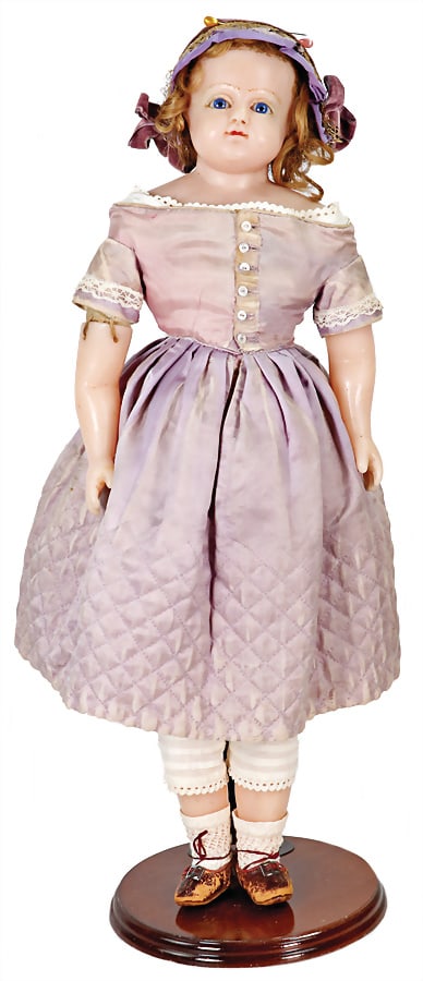 probably MONTANARI wax shoulder headed doll, 55 cm, c. 1850, fix inset blue  glass eyes, closed (1 of 2)