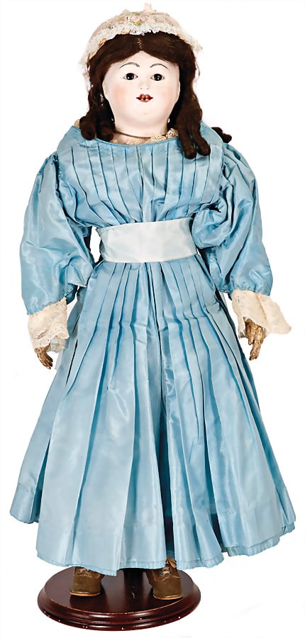 ANDREAS VOIT papier mâché shoulder headed doll, Pauline, 56 cm, fix inset brown without: ANDREAS VOIT papier mâché shoulder headed doll, Pauline, 56 cm, fix inset brown without pupil glass eyes, opened mouth, upper and lower teeth, probably a bit retouched up-painted hairline, o