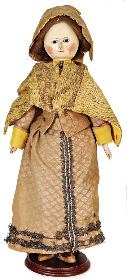 Queen Anne, wooden doll, around 1800, 50 cm, dark, glass eyes without pupil, nose in front is (1 of 4)