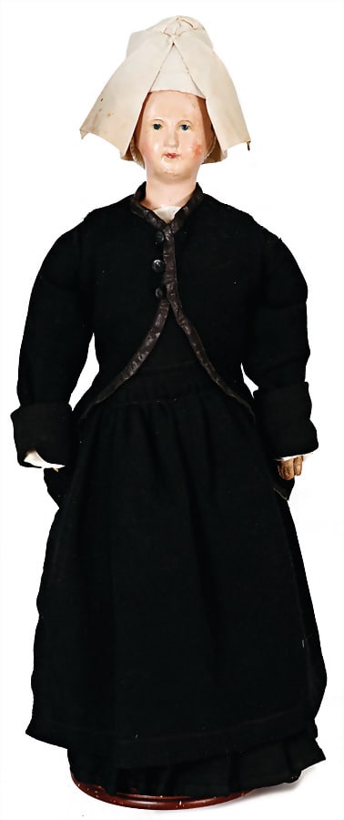 ANDREAS VOIT Beguine with original hood, papier mâché shoulder headed doll, c. 1850, 47 (1 of 3)
