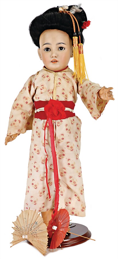 SIMON & HALBIG bisque porcelain socket head, character-face, No. 1329, SIMON & HALBIG: SIMON & HALBIG bisque porcelain socket head, character-face, No. 1329, SIMON & HALBIG Myanmarin, brown sleepy eyes, opened mouth, line of upper teeth, pierced ears, jointed mass body, 35 cm, p