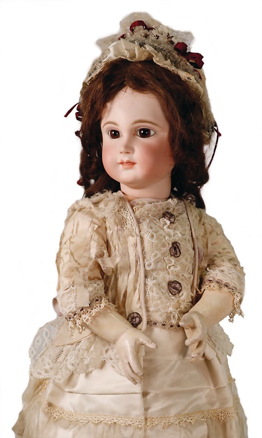 SCHMITT Bébé, bisqu -porcelain socket head, French Bébé, marked emblem with 2: SCHMITT Bébé, bisqu -porcelain socket head, French Bébé, marked emblem with 2 crossed swords No. 5, head professional restored, fix inset brown almond-shaped glass eyes, closed mou