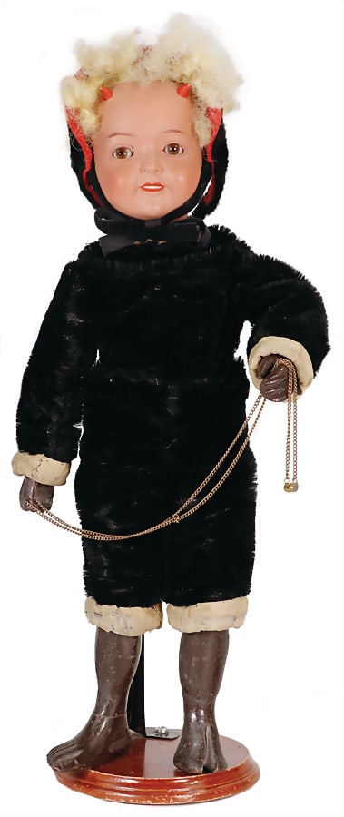 devilkin, 39 cm, mass, socket head, with modelled small horns, marked 491.9, unknown manufacturer,: devilkin, 39 cm, mass, socket head, with modelled small horns, marked 491.9, unknown manufacturer, brown sleepy eyes, opened/closed mouth, with suggested line of upper teeth, jointed wood body w