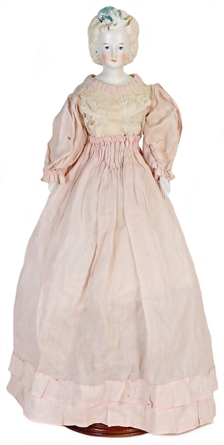 CONTA & BÖHME bisque porcelain shoulder headed doll, 42 cm, fine modelled hair, modelled,: CONTA & BÖHME bisque porcelain shoulder headed doll, 42 cm, fine modelled hair, modelled, enameled feathers, painted eyes, closed mouth, bisque arms and legs, fabric body German Description CONTA