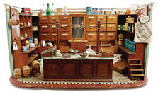 dollhouse shop, around 1900, width: 76 cm, height: 41 cm, depth: 50 cm, drawers with paper signs,