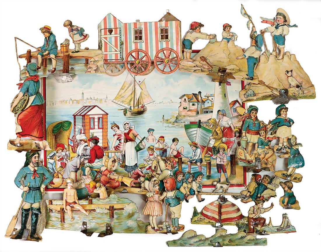 setting up game pieces, cardboard, lithographed, around 1900, beach life, original cover picture ot (1 of 1)