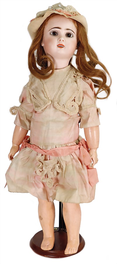 JUMEAU bisque porcelain socket head doll, not marked, 57 cm, socket head, fix inset brown glass: JUMEAU bisque porcelain socket head doll, not marked, 57 cm, socket head, fix inset brown glass eyes, opened mouth, upper teeth, pierced ears, head turn mechanism for moving one leg, blowing a kiss, w