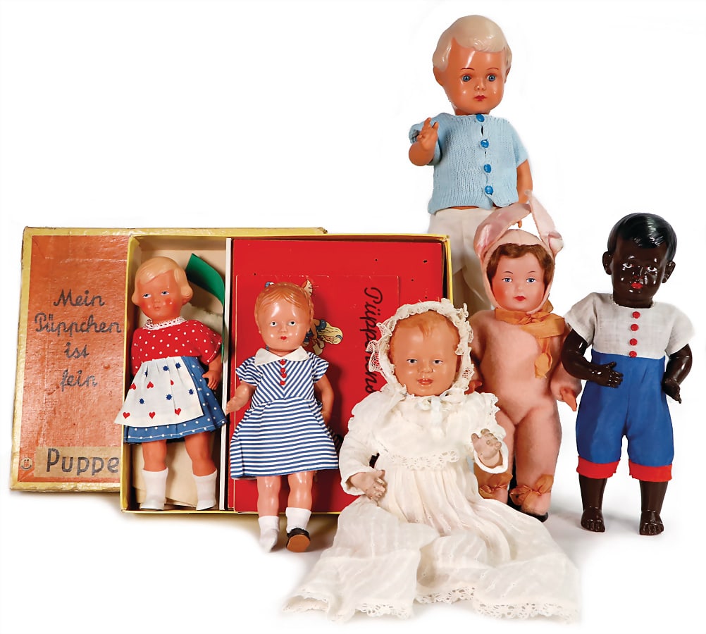 celluloid mixed lot, BRUNO SCHMIDT, small black doll, 28 cm, CELLBA, Gretchen, 22½ cm,: celluloid mixed lot, BRUNO SCHMIDT, small black doll, 28 cm, CELLBA, Gretchen, 22½ cm, celluloid doll, dressed as hare, probably France, baby doll, celluloid head, mass body, MAX BEUSTER, boy, do