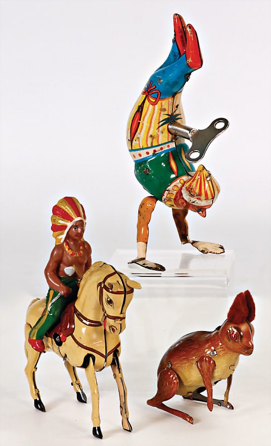 mixed lot of tin toy, Amerindian on horseback, 12 cm, sheet metal, lithographed, Amerindian, mass,: mixed lot of tin toy, Amerindian on horseback, 12 cm, sheet metal, lithographed, Amerindian, mass, clown making a handstand, clock mechanism is intact, used, hare clock mechanism is intact, good condi