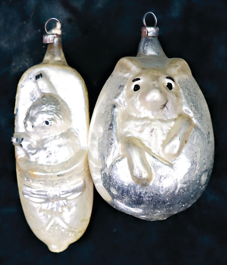 Christmas tree decoration, 2 pieces, glass, cat in a shoe, Easter bunny, 7 cm   German Description (1 of 1)