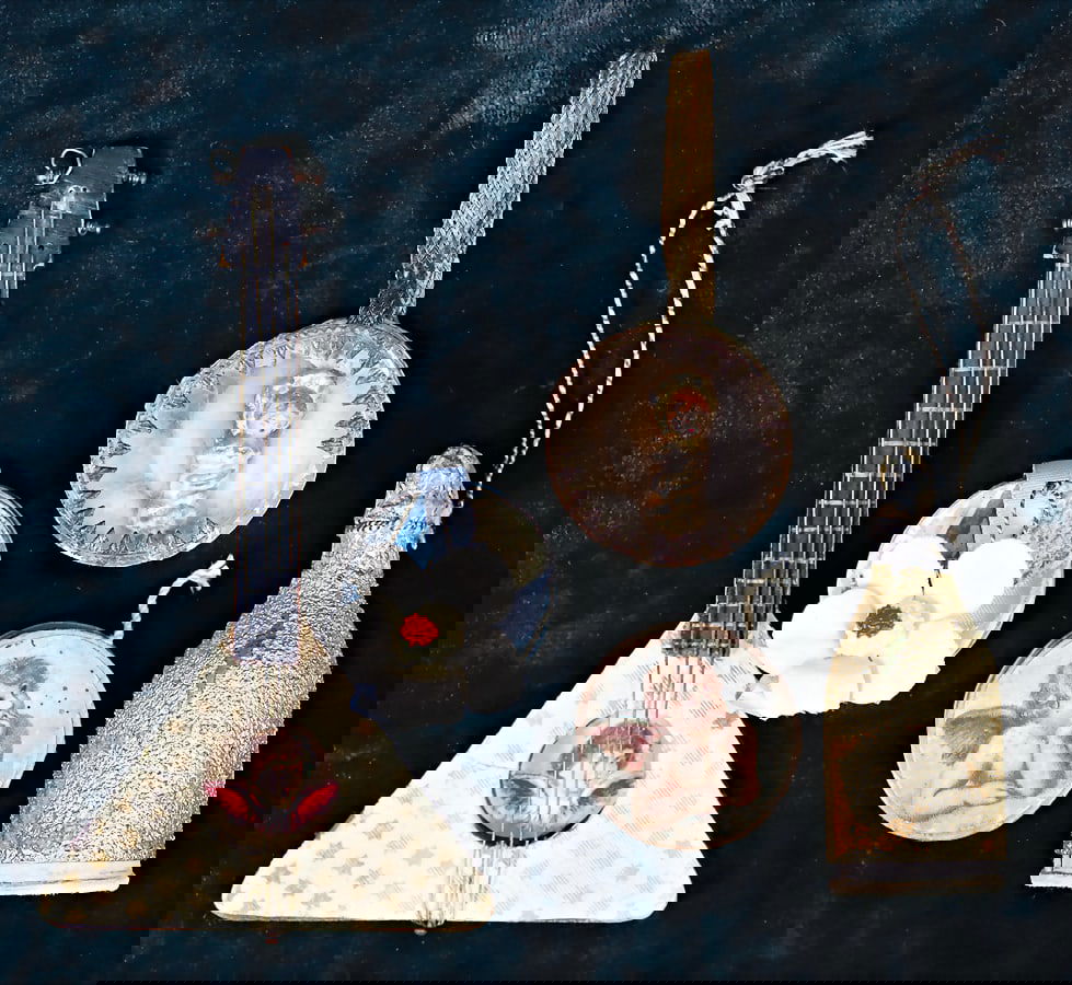 Christmas tree decoration, 4 pieces, candy-container, 3 - 6.5 cm, 1 guitar, wood   German (1 of 1)