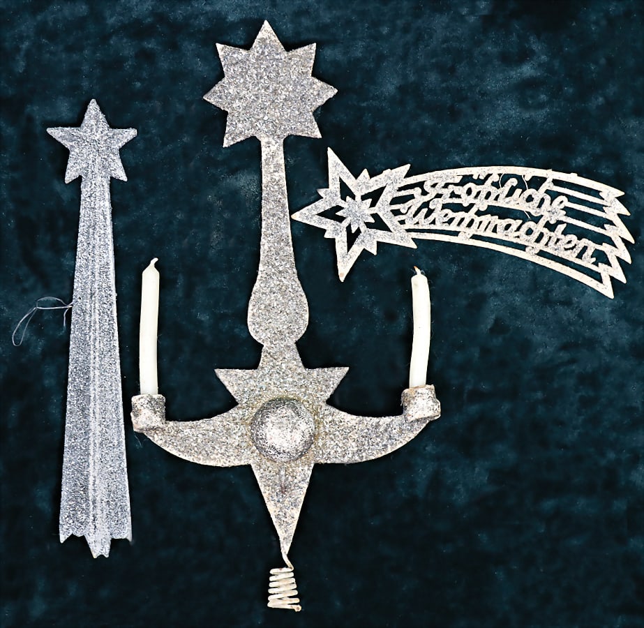 Christmas tree decoration, Bohemian glitter card around 1930, tree topper, candle holder with star, (1 of 1)