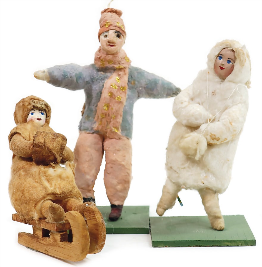 early  Russian Christmas tree decoration, cotton wool lady on a sledge, 10 cm, woman and  man, mass (1 of 1)