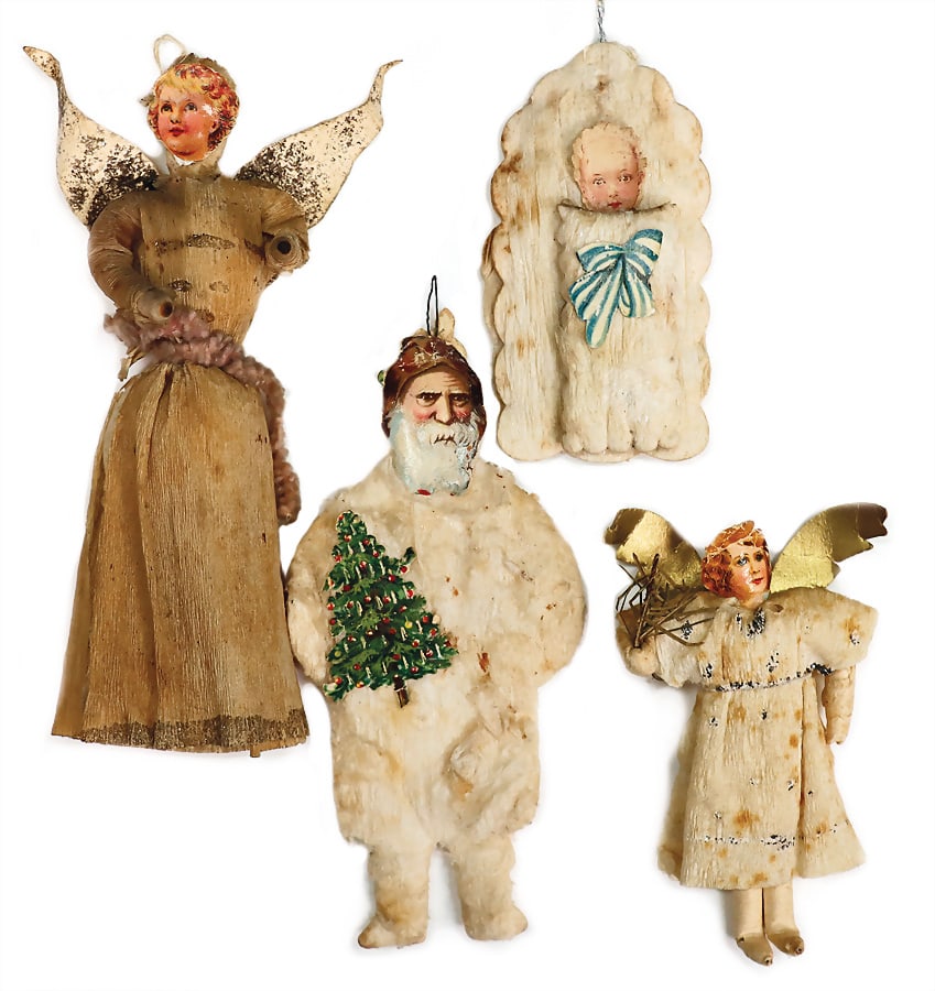 Christmas tree decoration, cotton wool, 4 pieces, Santa Claus with christmas tree, flat, 13 cm, 2: Christmas tree decoration, cotton wool, 4 pieces, Santa Claus with christmas tree, flat, 13 cm, 2 angel, 1 baby in a swaddle wrap, 9 cm, wafer faces German Description Christbaumschmuck, Watte, 4 Teil