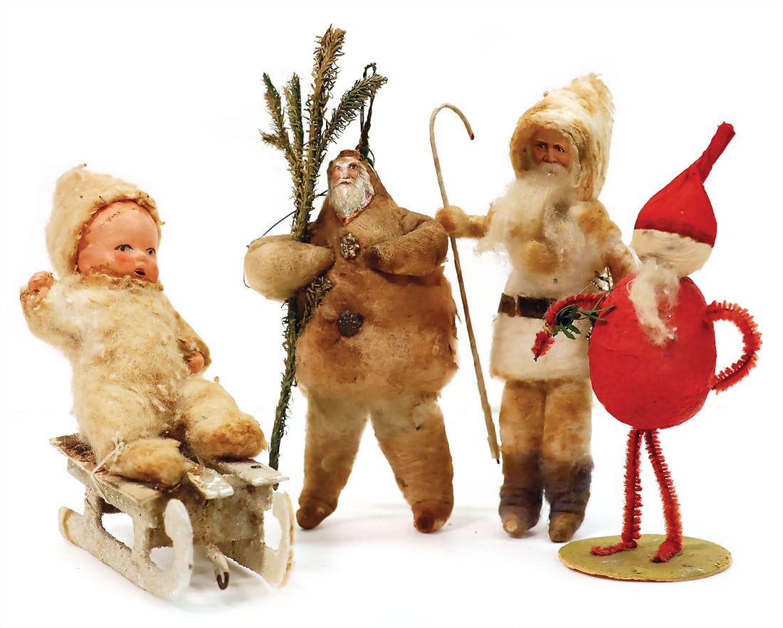 Christmas tree decoration, cotton wool, mass child, on sledge, 2 Santa Clauses, wafer face, dwarf, 4 (1 of 1)