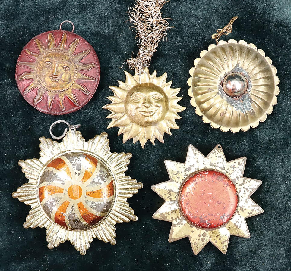 Christmas tree decoration, sheet metal, 5 pieces, stars, moon faces   German Description (1 of 1)