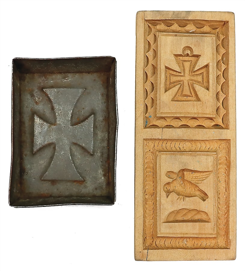 wooden model, World War I, Iron Cross and peace dove, 1 small cake pan, sheet metal, Iron Cross,: wooden model, World War I, Iron Cross and peace dove, 1 small cake pan, sheet metal, Iron Cross, 6.5 cm German Description Holzmodel, 1. Weltkrieg, Eisernes Kreuz u. Friedenstaube, 1 kl. Backform, Ble