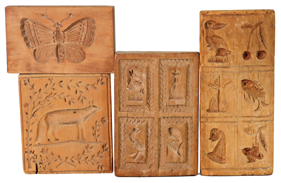 4 pieces, wooden model, around 1800, animal motives, butterfly, dog, birds, fish, hare, height: 6 - (1 of 1)