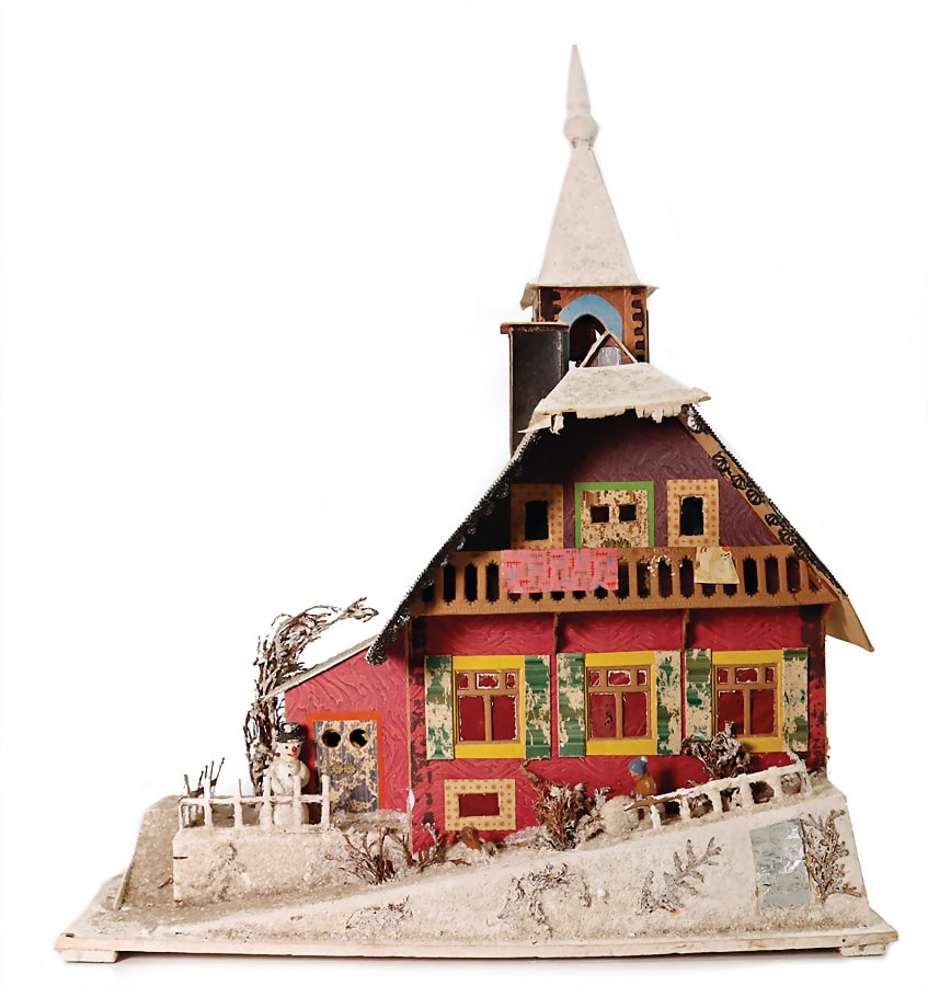 snow house, church, cardboard, surface area 40 x 20 cm, with dog, child and snowman German: snow house, church, cardboard, surface area 40 x 20 cm, with dog, child and snowman German Description Schneehaus, Kirche, Pappe, Grundplatte 40 x 20 cm, mit Hund, Kind u. Schneemann