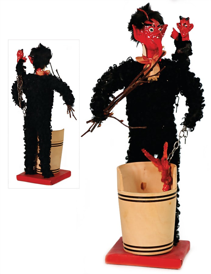 Krampus with barrel, 25 cm, fabric covered with wool hair, mass face   German Description  Krampus (1 of 1)