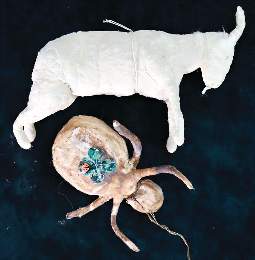 Christmas tree decoration, cotton wool, 3 pieces, cross spider, 8 cm, billy goat, 13 cm   German (1 of 1)