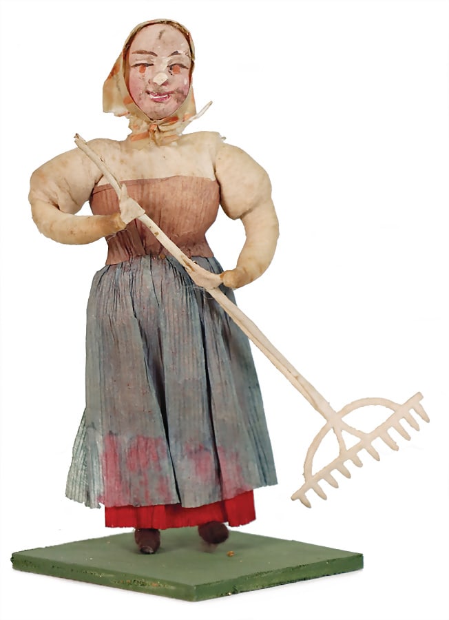 Christmas tree decoration, cotton wool, maid with rake, 13.5 cm, mass face, crepe clothes, paper (1 of 2)