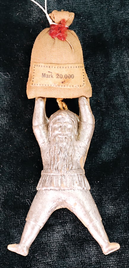 DRESDEN CARDBOARD Christmas tree decoration, dwarf with money bag, 9 cm   German Description (1 of 2)