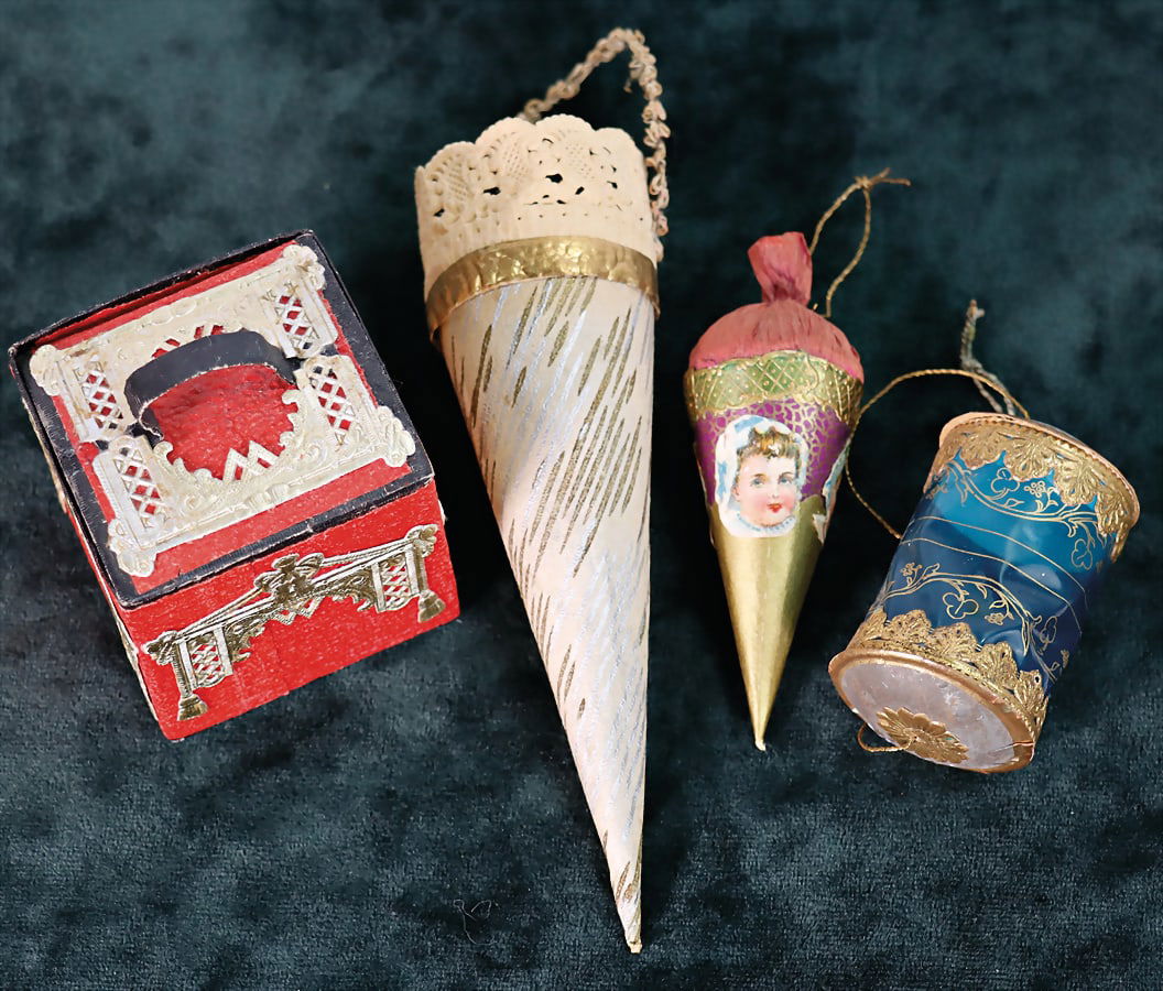 DRESDEN CARDBOARD Christmas tree decoration, 2 school cones, 9 and  14 cm, 1 botanize-barrel, 1 box (1 of 1)