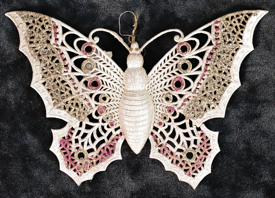 DRESDEN CARDBOARD Christmas tree decoration, big butterfly, 10 cm, unusual   German Description (1 of 3)