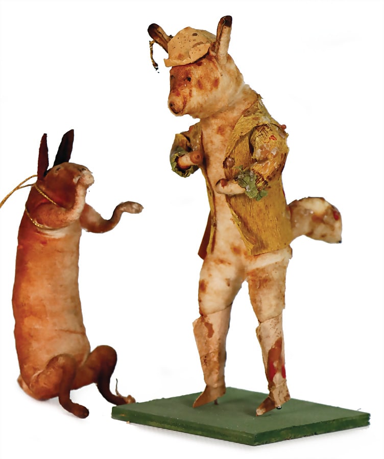 Christmas tree decoration, fox as huntsman, crepe clothes, paper gun, a bit stained, 12.5 cm, 1: Christmas tree decoration, fox as huntsman, crepe clothes, paper gun, a bit stained, 12.5 cm, 1 hare, cotton wool, 9 cm German Description Christbaumschmuck, Fuchs als Jäger, Kreppkleidung, Papie