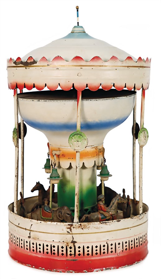 roundabout, sheet metal, lithographed, height: 41 cm, with a diameter of: 25 cm, clock mechanism (1 of 1)