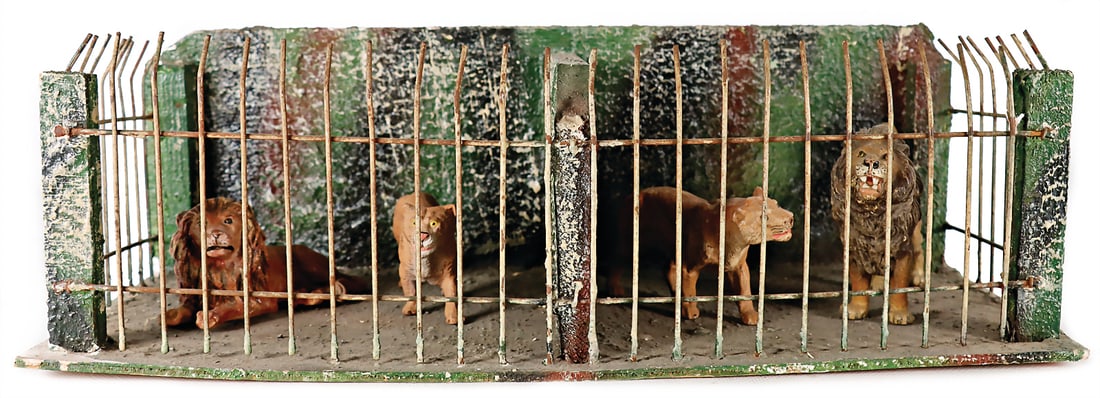 LINEOL predator pen, wood/mass, surface area 42 x 20.5 cm, height: 13 cm, 2 pairs of lions, (1 of 2)