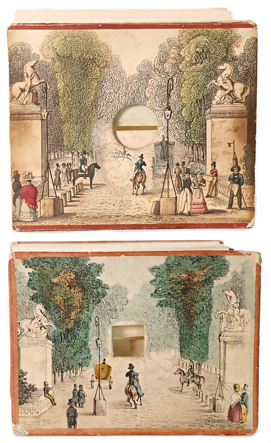 exceptional set from the two peep boxes from the  same period c.1820, that shows places at the foot (1 of 2)