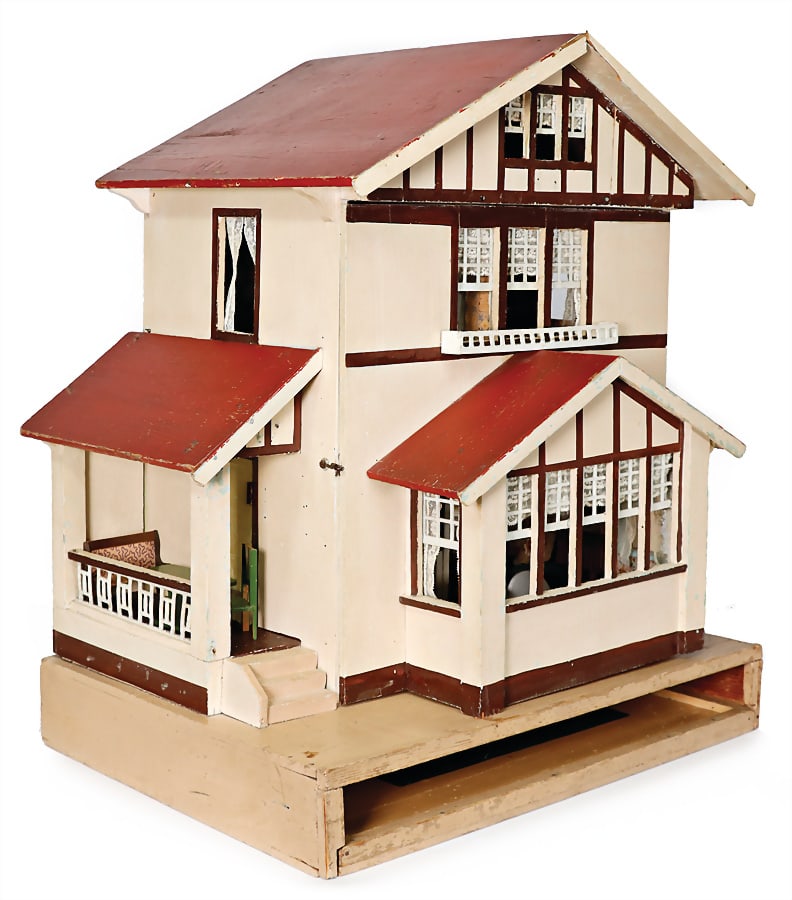 GOTTSCHALK dollhouse with extendible front garden, c. 1920, furnished, with accessories, inside old (1 of 2)