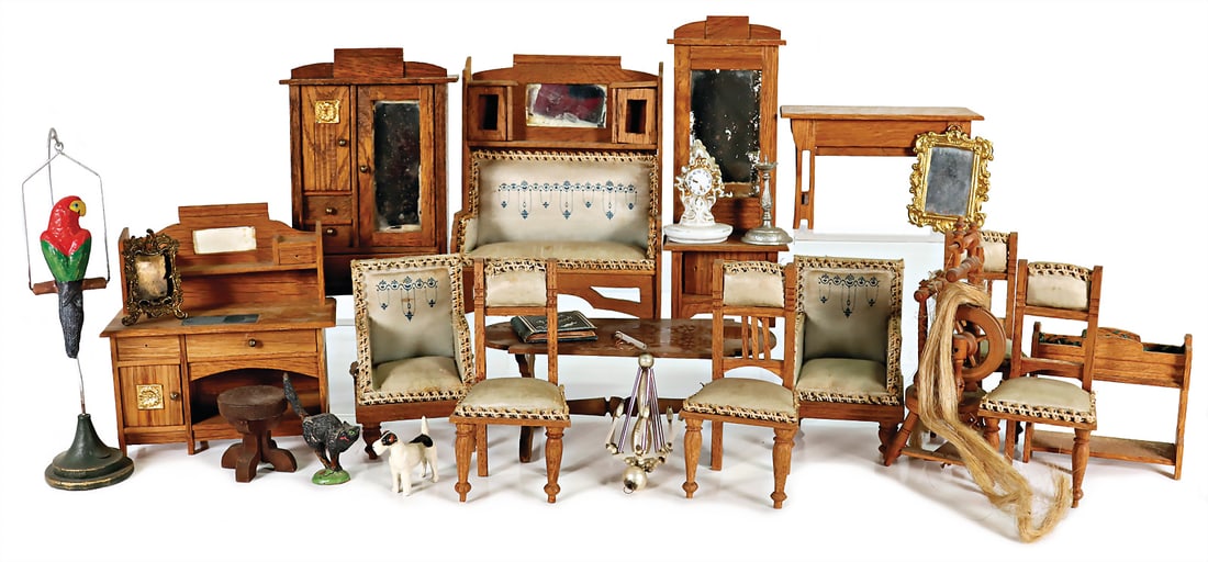 dollhouse furniture, Art Deco, cabinet, height: 15.5 cm, surrounded sofa, writing desk, mirror, 2 (1 of 1)