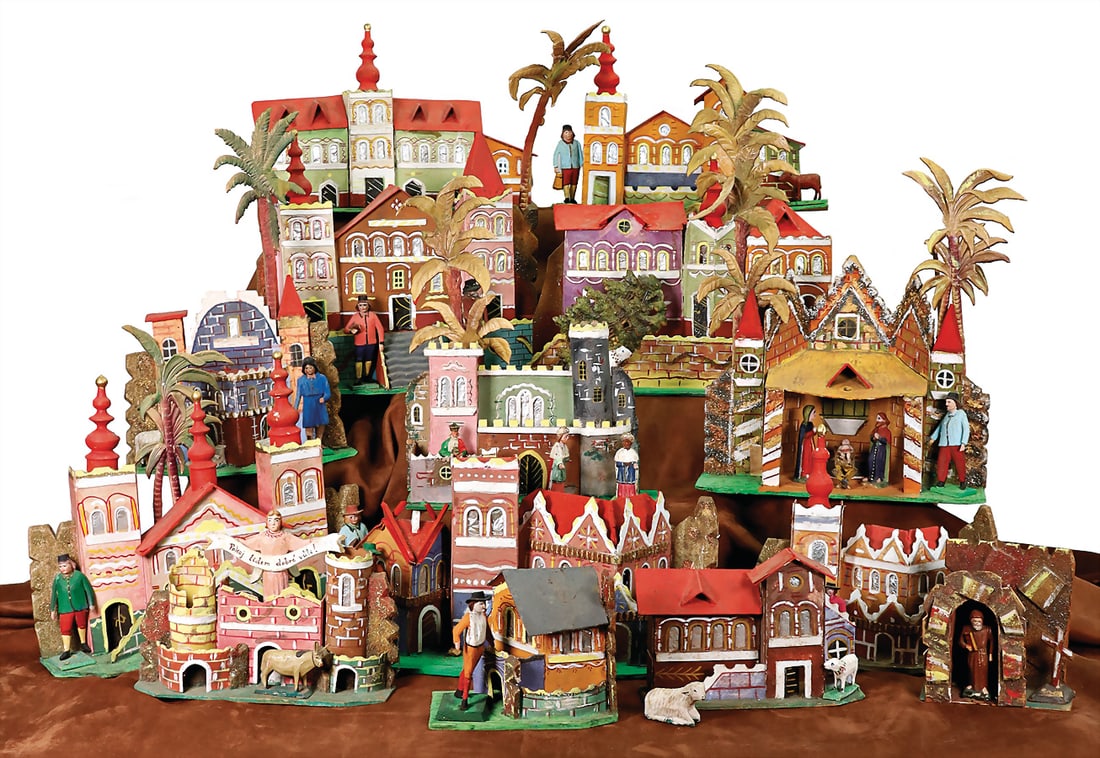 GRULICH christmas mountain, papier mâché/wood building, with cardboard-palms, figures in (1 of 1)