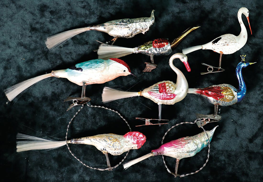 Christmas tree decoration, glass, 6 pieces, birds, with clamp, 2 parrots with ring   German (1 of 1)