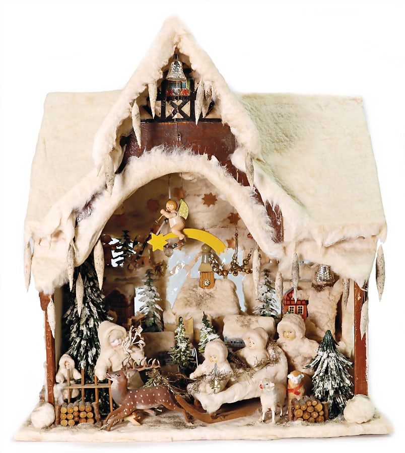 decorative Christmas scene, wood/cotton wool, mass/porcelain, height: 50.5 cm, width: 46 cm, (1 of 2)