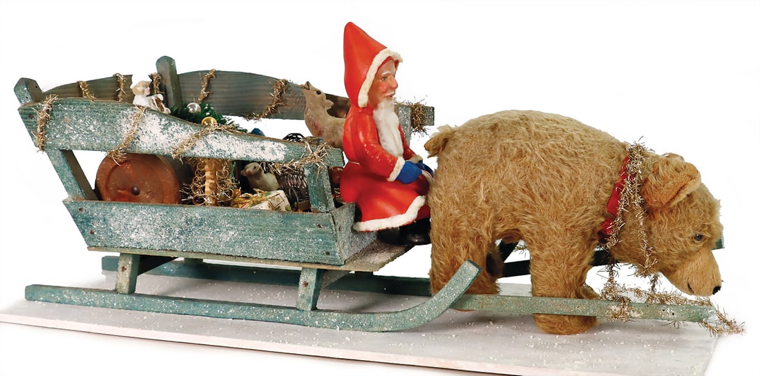 mass Santa Claus, on a wooden sledge, probably self-build, mounted on a wooden board, length: 53 cm, (1 of 1)