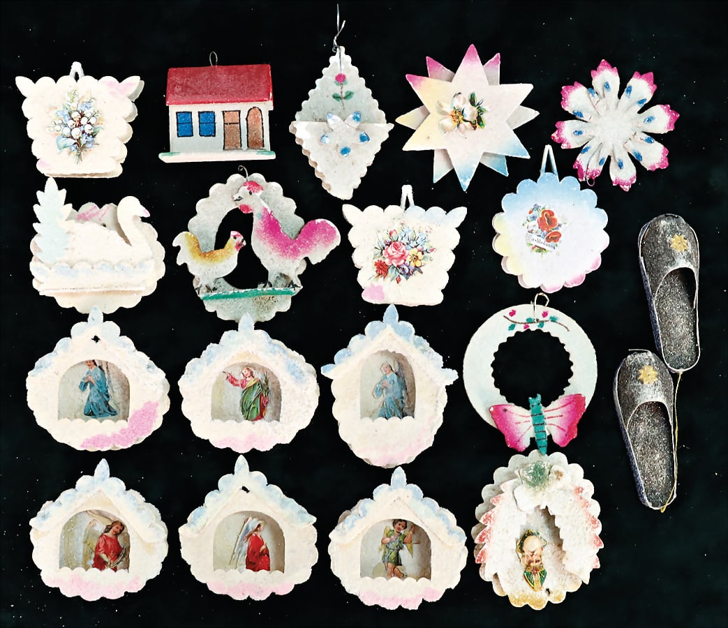 Christmas tree decoration, cardboard, glass dust, 19 pieces German Description Christbaumschmuck,: Christmas tree decoration, cardboard, glass dust, 19 pieces German Description Christbaumschmuck, Pappe, Glasstaub, 19 Teile