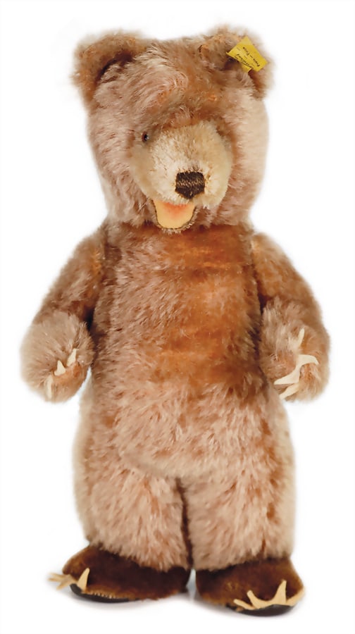 STEIFF Zobie, with button and good preserved yellow cloth tag label, No. 4328,02, glass eyes,: STEIFF Zobie, with button and good preserved yellow cloth tag label, No. 4328,02, glass eyes, opened mouth, complete felt claws, 28 cm, good condition German Description STEIFF Zobie, mit Knopf u. gut