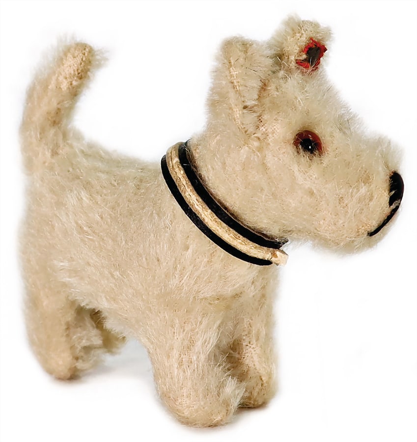 STEIFF dog, Sealy-Ham, with button, block letters, long trailing f, rests of the  red cloth tag (1 of 3)