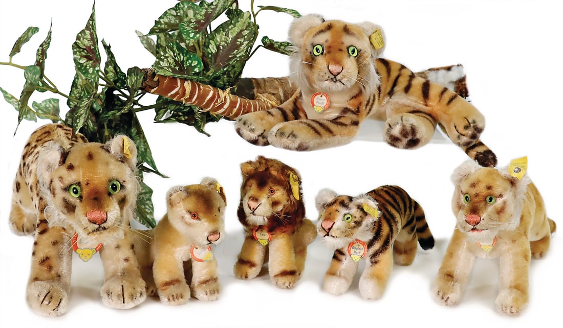 STEIFF mixed lot with 6 pieces, postwar era, complete, 1x cheetah, 34 cm, complete, number is  (1 of 2)
