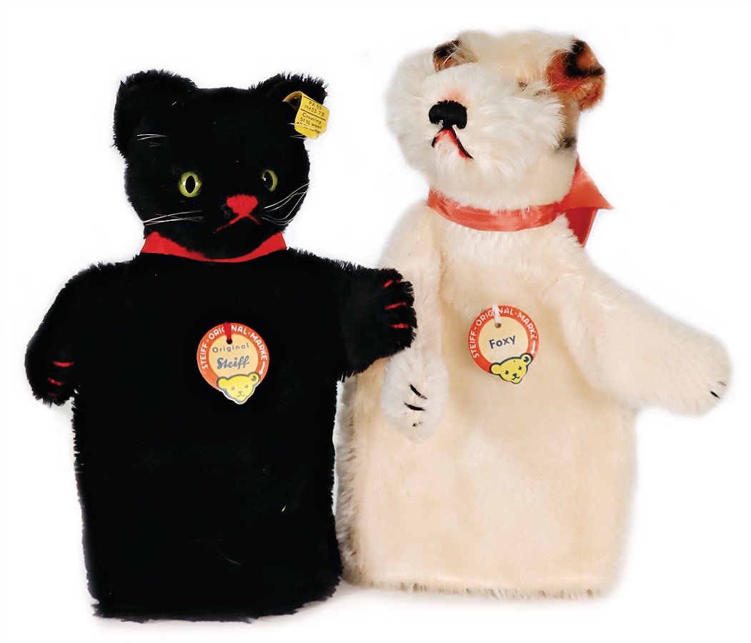 STEIFF hand puppets, '50s, cat and  dog, black tom cat, with button, chest label and  cloth tag (1 of 2)