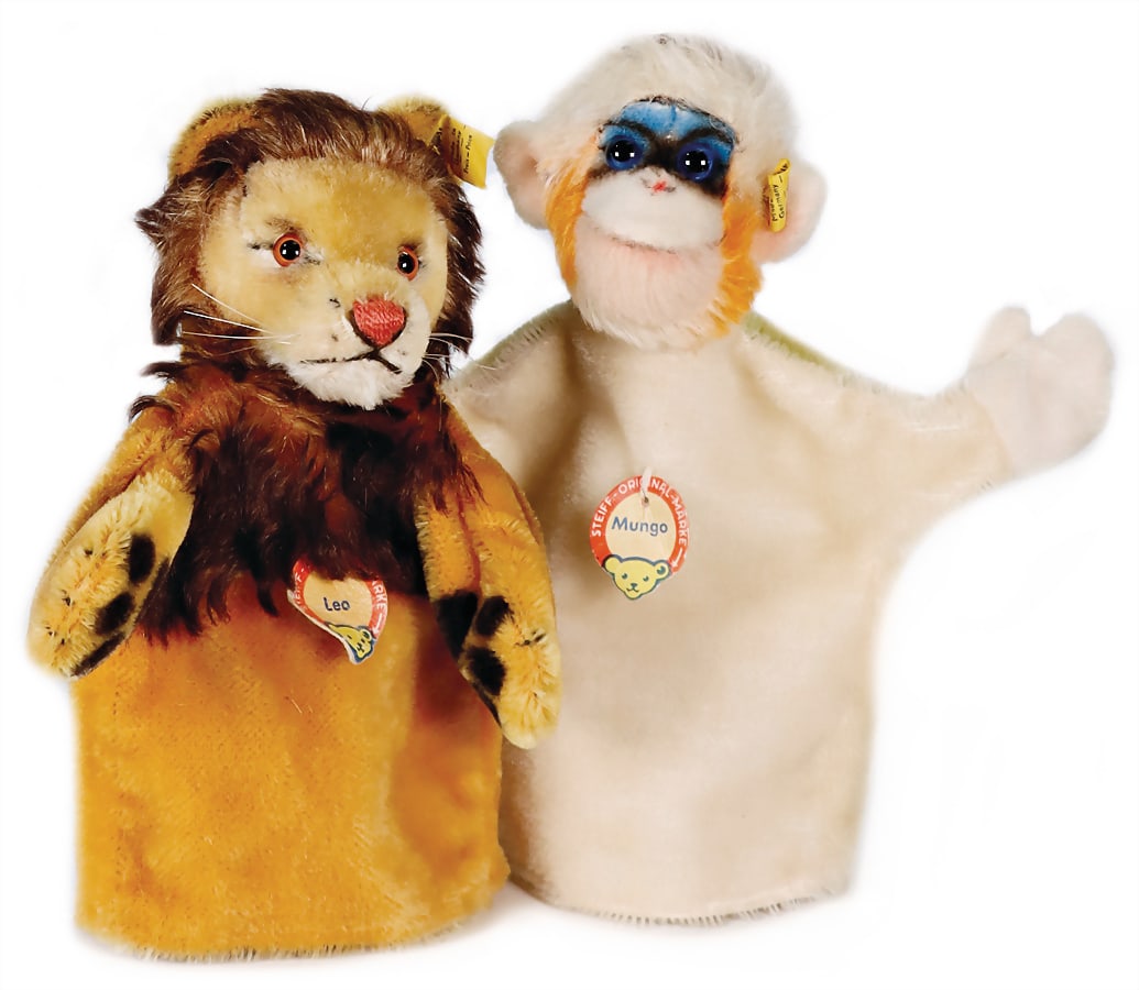 STEIFF 2 pieces, hand puppets, monkey, mungo, with button, chest label and  cloth tag label, No. (1 of 2)