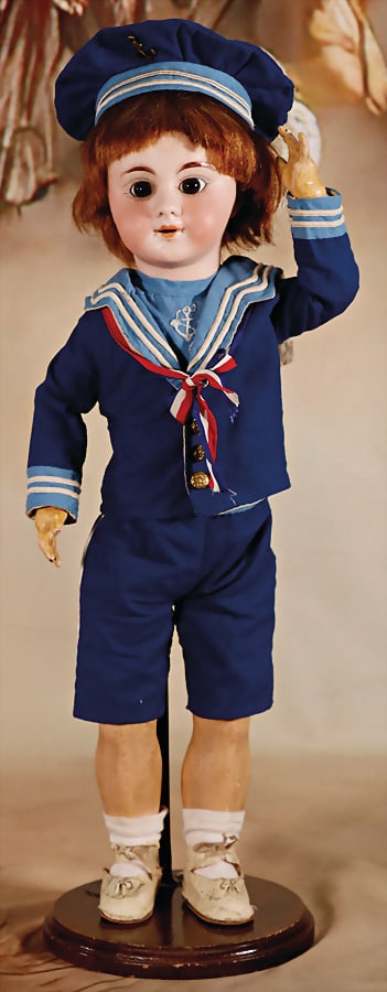 ARMAND MARSEILL 1894, 36 cm, bisque socket head, fix inset blue glass eyes, opened mouth,: ARMAND MARSEILL 1894, 36 cm, bisque socket head, fix inset blue glass eyes, opened mouth, upper teeth, jointed body, unusual soldier dress, rubbers are a bit loose German Description ARMAND MARS